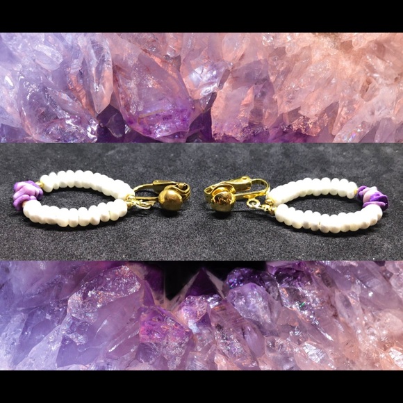 Vintage wampum shell beaded hoop clip on earrings - Picture 4 of 11